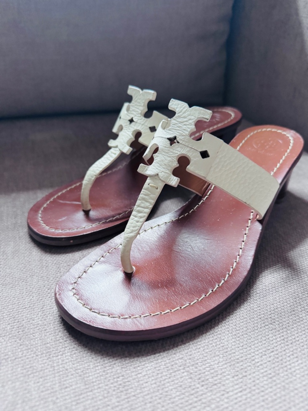 Tory Burch White Miller Thong Block Heel Sandals